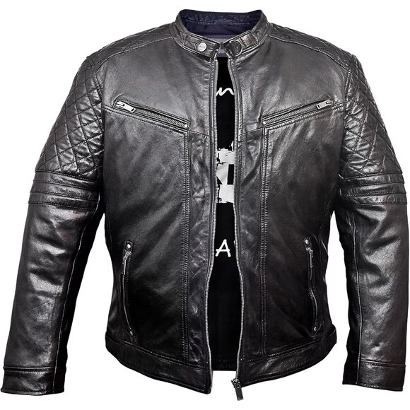 100% Sheep Leather Jacket Men Black Biker Motorcycle Casual Real Leather Wear - Picture 6 of 7